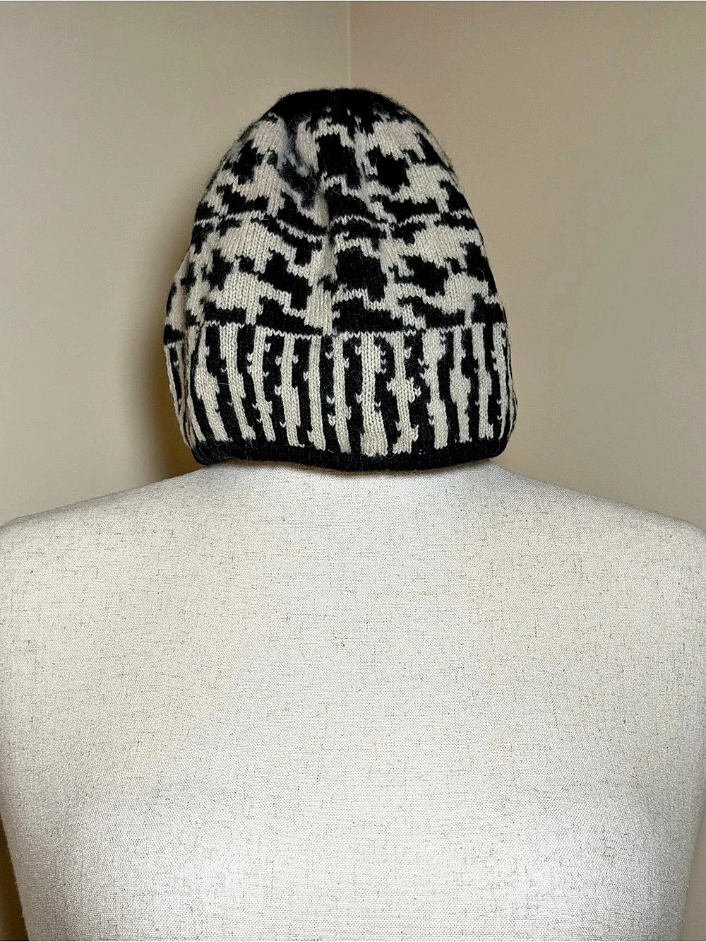 Echo Women’s Wool Angora Beanie Black Ivory Geometric Knit Winter Hat